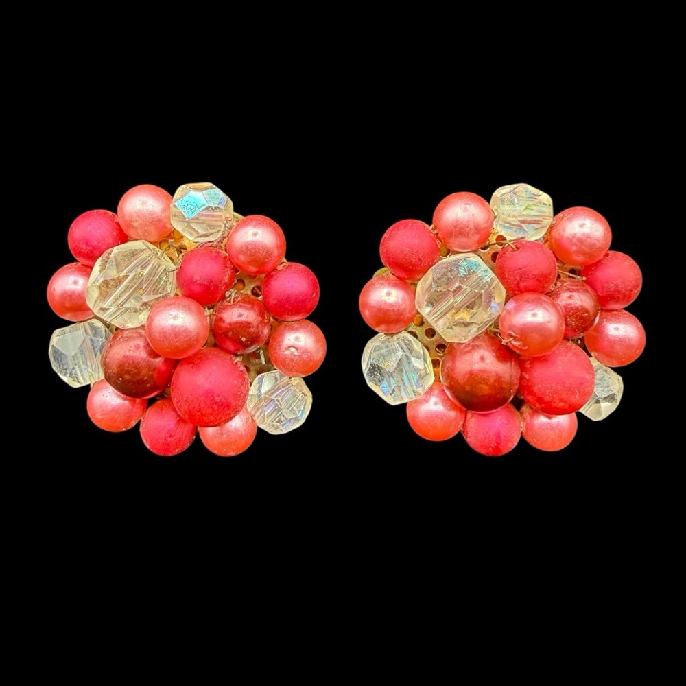 Vintage Japan Coral and Iridescent Crystal Cluster Clip-On Earrings 1”
